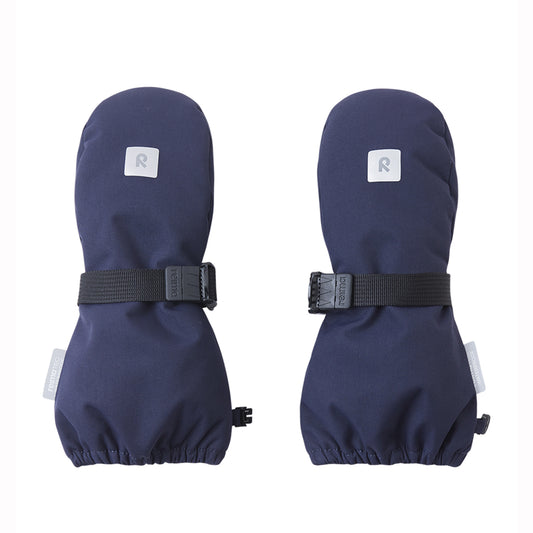 Pair of navy blue kids mittens with black straps on a white background