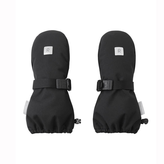 A pair of black kids winter mittens with adjustable black straps and small white square labels on the back of each mitten, shown against a plain white background.