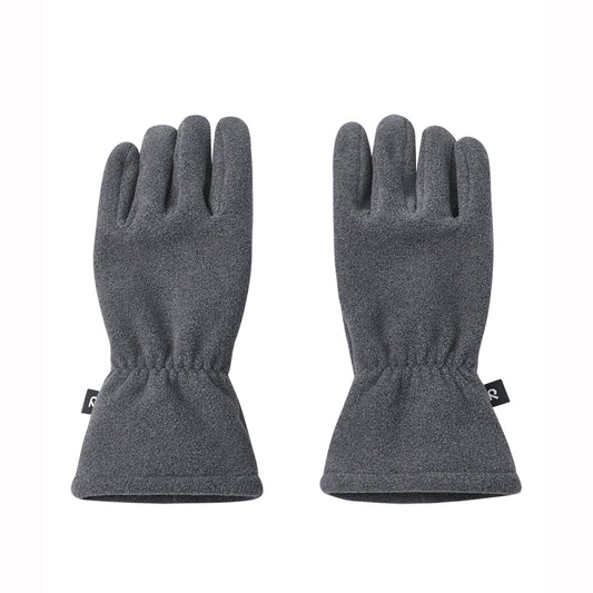 A pair of dark gray fleece winter gloves shown flat against a solid white background, with a small black brand tag visible on the cuff of each glove.