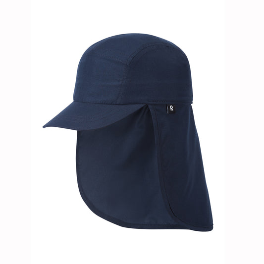 Navy blue cap with neck flap on a white background