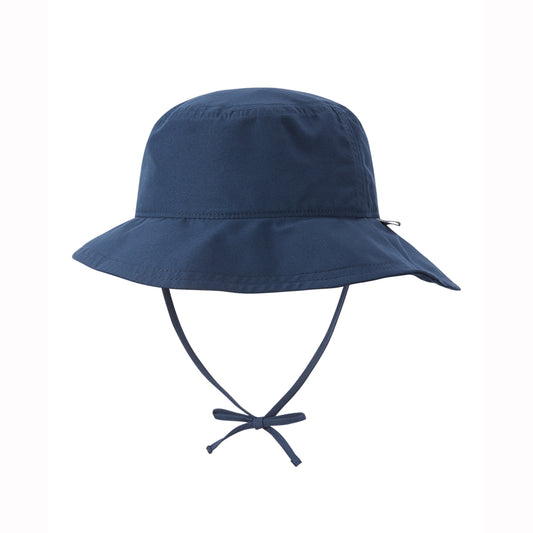 Navy blue kids bucket hat with chin strap on a white background