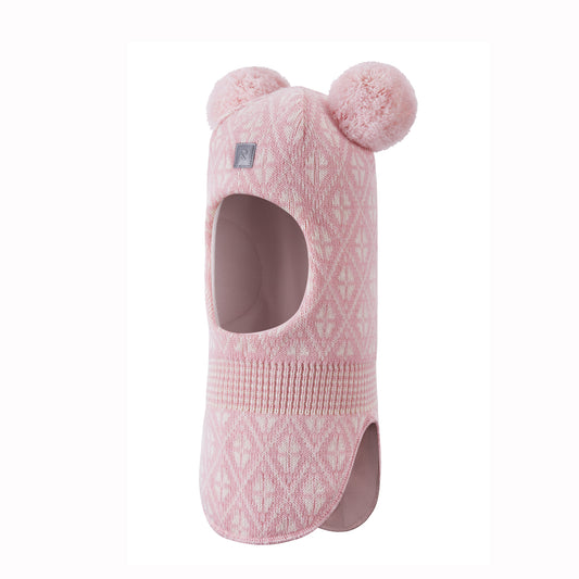 Pink baby balaclava with bear ears on a white background