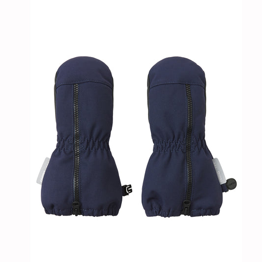 A pair of navy blue insulated baby toddler mittens shown flat against a solid white background.