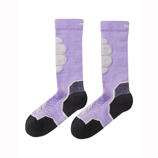 Kids purple ski socks on white backgroung