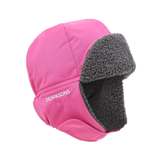 Pink kids winter hat with gray faux fur trim on a white background