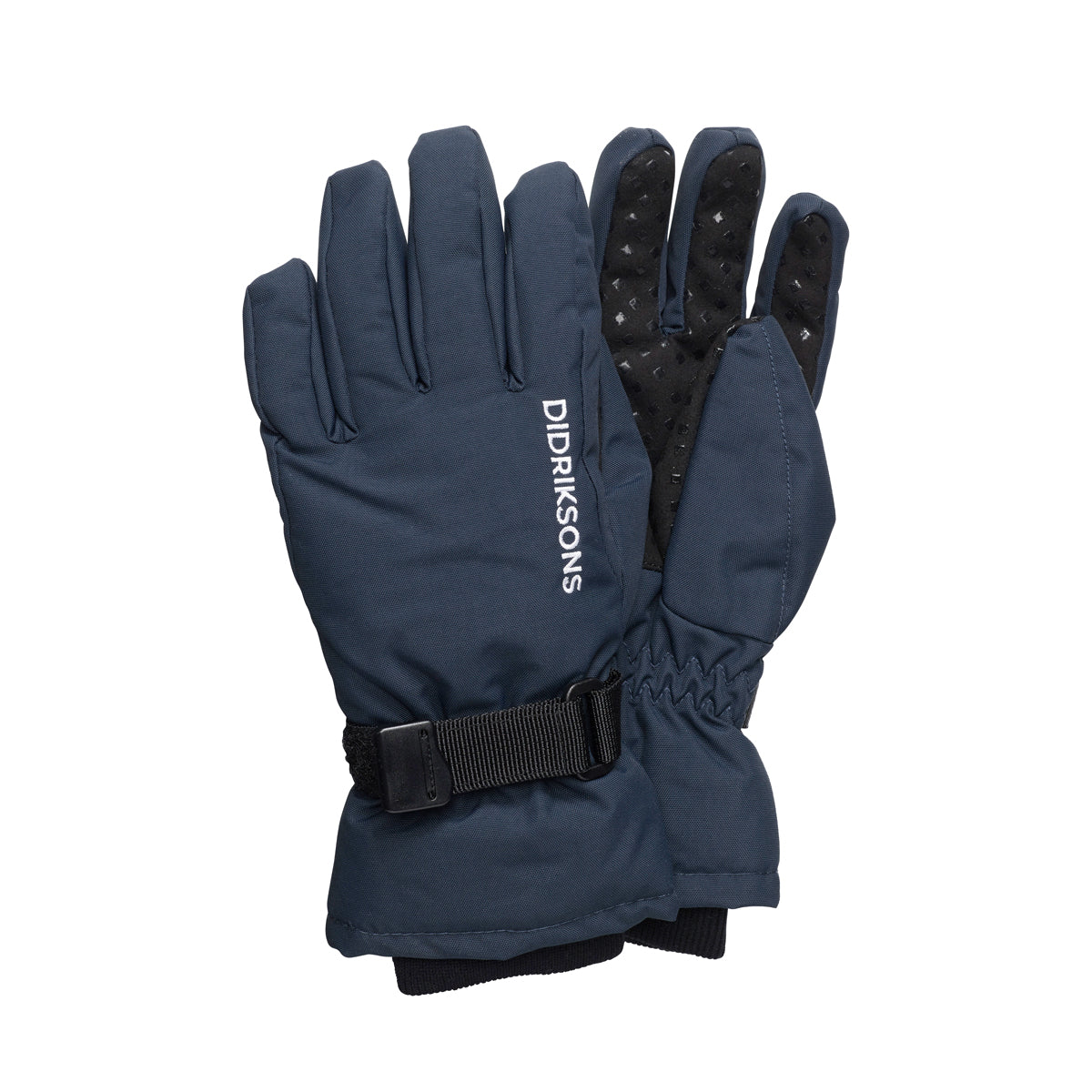 Pair of navy blue kids gloves with a black strap on a white background