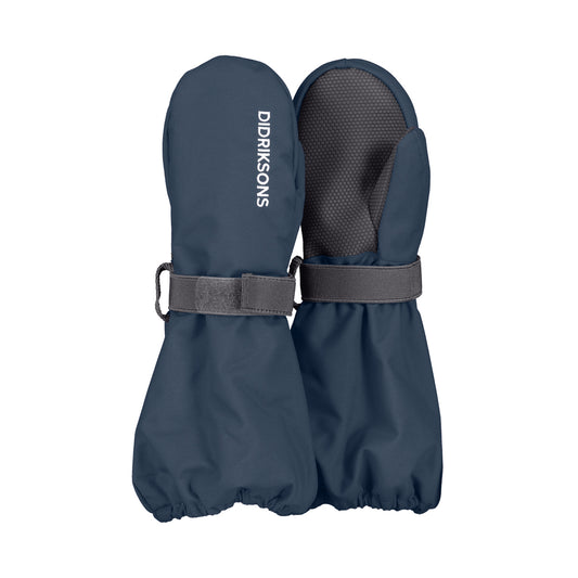 Pair of navy blue kids mittens with a grey strap on a white background, featuring the Didriksons brand.