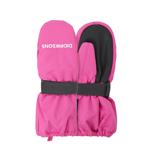 Pink mittens with black strap and logo on a white background