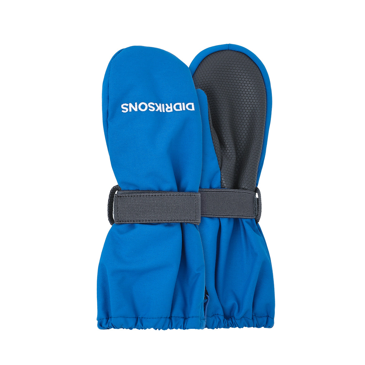 Blue children's mittens with black interior and strap, featuring the brand 'Dirksons', on a white background.