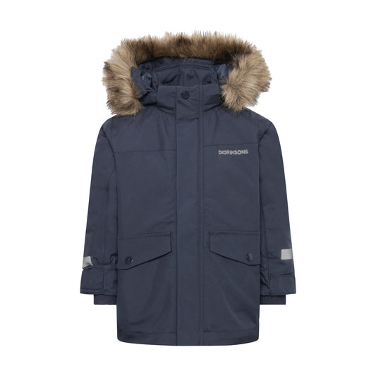 Kids Navy parka coat with faux fur-lined hood on a white background