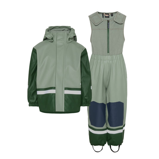 kids green raincoat and matching rain pants on a white background