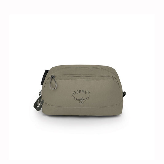 Brown tan coloured Osprey travel pouch on a white background