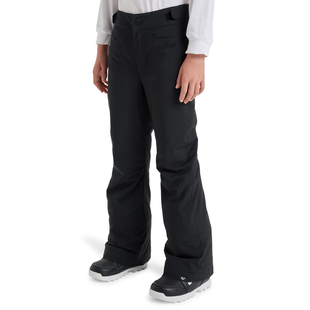 Black snow pants worn by a model, paired with a white long-sleeve shirt and black snowboard boots, shown from the waist down on a white background.