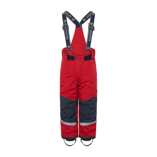 Red and gray kids snow pants with suspenders on a white background