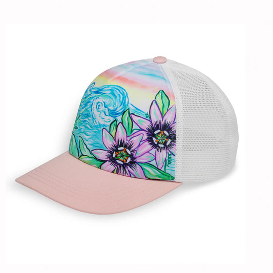 Kids trucker cap with pink brim and floral design on white background