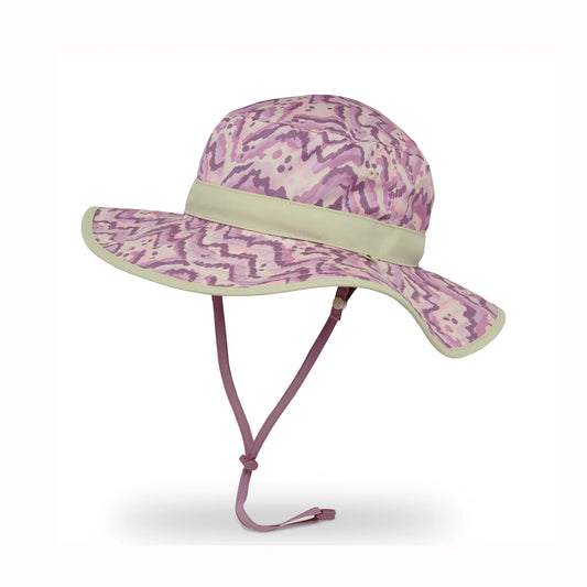 Pink and purple patterned kids sun hat with a beige band on a white background.