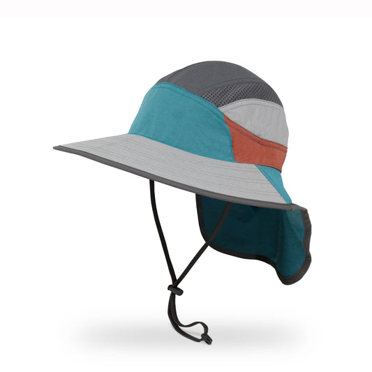 Multicolored kids sun hat with a wide brim on a white background