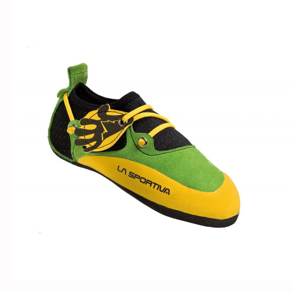 Green and yellow kids climbing shoe with black accents on a white background.