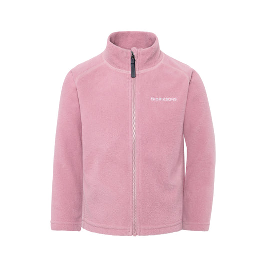 Pink fleece kids jacket with a brand logo on a white background