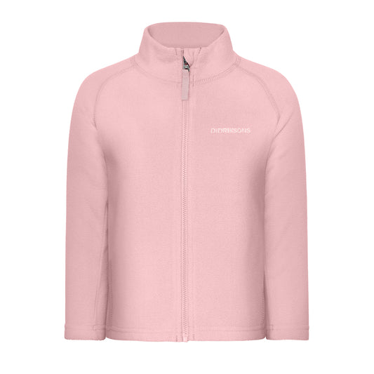 Pink fleece jacket with a brand logo on a white background