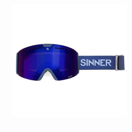 Blue kids and teens goggles with a blue strap on a white background, featuring the brand 'Sinner'.