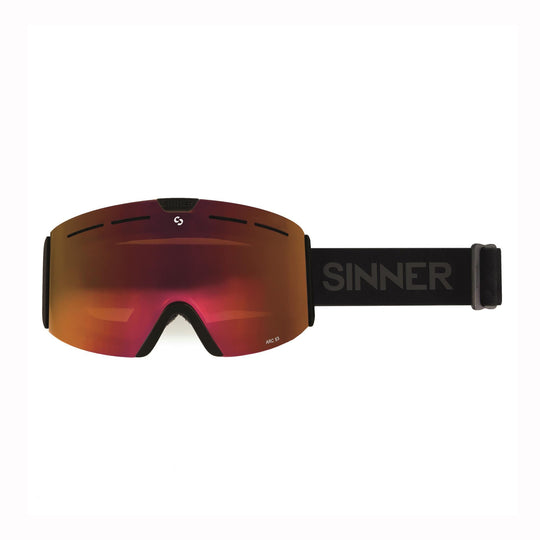 Sinner kids and teens ski goggles with red lens and black strap on a white background