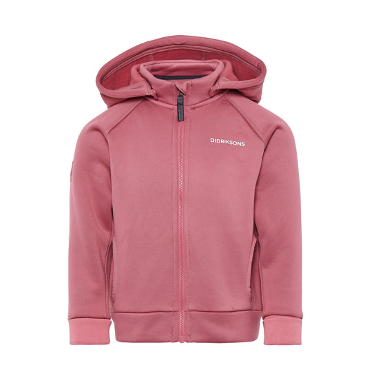 Pink kids zip up fleece jacket with hood on white background
