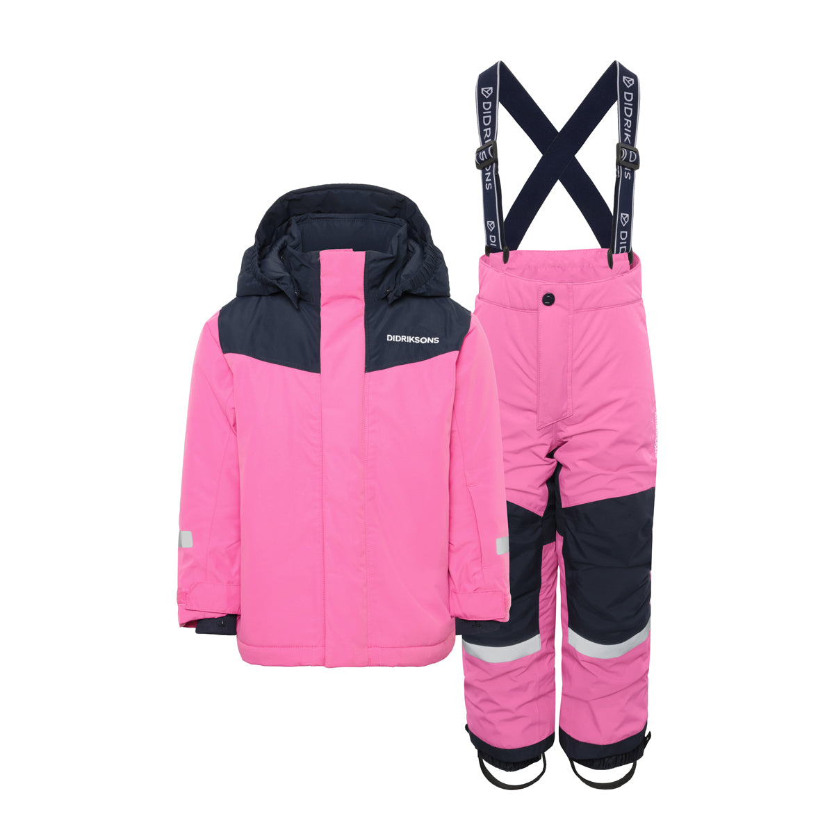 Pink and black snowsuit with jacket and pants on a white background