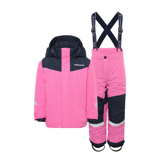 Pink and black snowsuit with jacket and pants on a white background