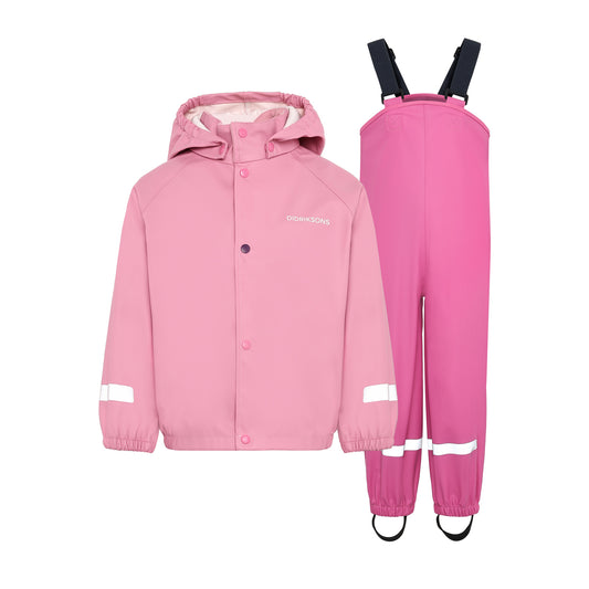 Pink raincoat and pants set with reflective stripes on a white background