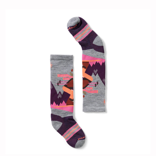 Smartwool kids ski socks in grey and pink with moose skiing graphic