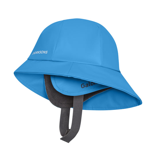 Blue kids rain hat with a strap on a white background