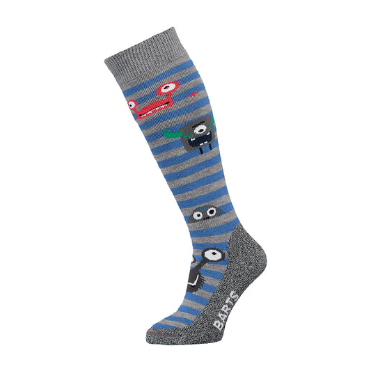 Barts kids ski socks with fun monster and strip print in grey and blue