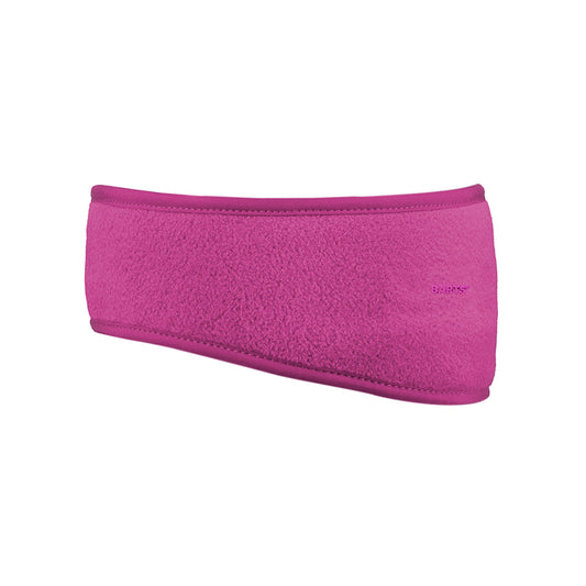 A pink fleece headband designed for children.