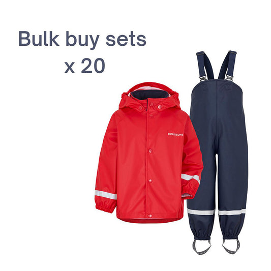 Schools bulk buy of 20 waterproof sets with red jacket and navy dungarees