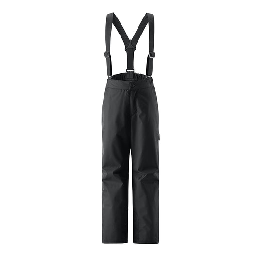 Black kids' ski pants with adjustable suspenders and side pockets.
