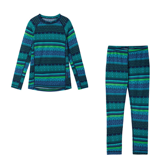 Reima kids merino thermals in blue green nordic pattern