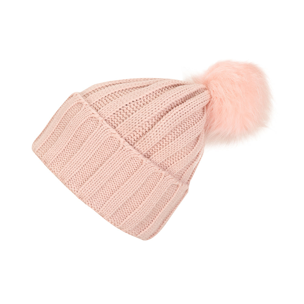 Skogstad girls ribbed knit bobble hat in pink with faux fur bobble
