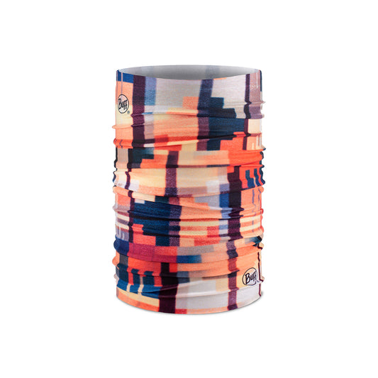 Buff kids neck gaiter in orange geometric pattern