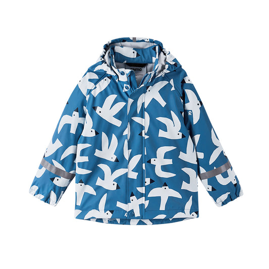 Reima Vesi waterproof jacket for young children in blue with white bird print