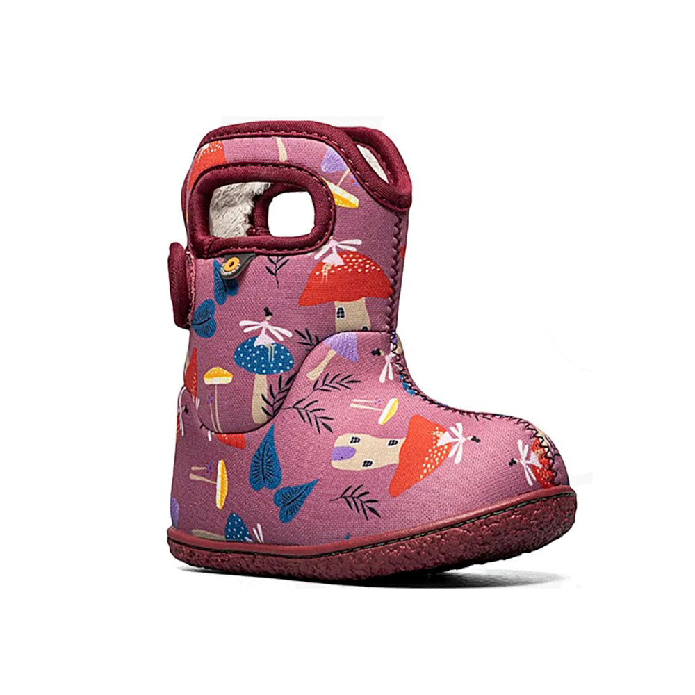 Baby bogs boots with a pink mushroom pattern available in infant sizes UK 5 to 8