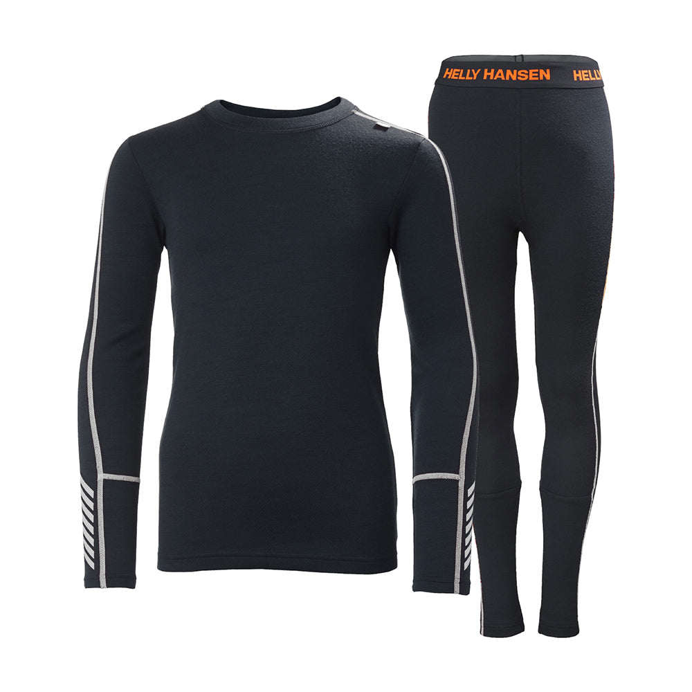 A navy-colored Helly Hansen Junior Lifa Merino Thermal Set, including a long-sleeve top and matching bottoms, with white and orange brand detailing.