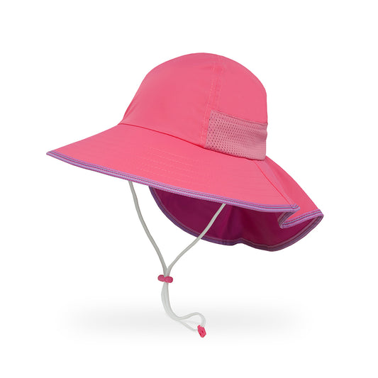 A hot pink sun hat for kids with a down-sloping brim, mesh vents, and an extended neck veil. It includes a breakaway chinstrap and adjustable sizing.