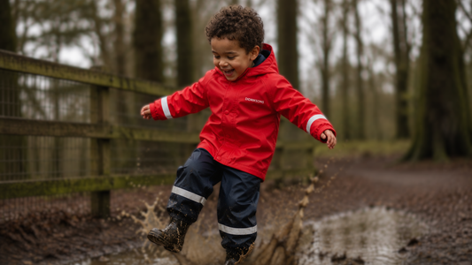 Boy in waterproofs splashing in puddle