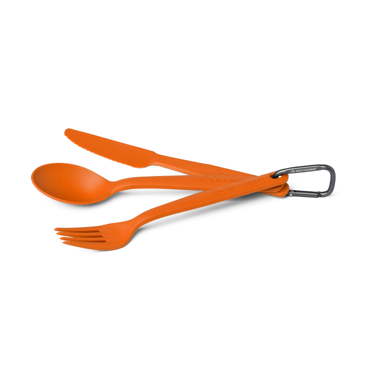 Orange camping utensil set with spoon, fork, and knife on a white background