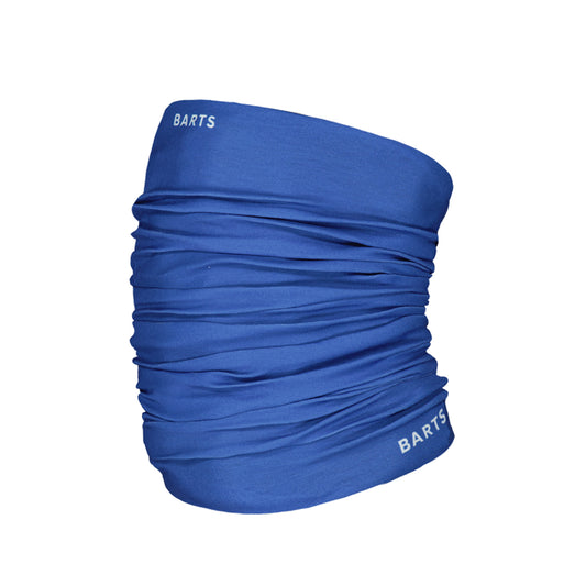 A royal blue tubular kids neck gaiter with white BARTS branding printed on both ends, shown on a solid white background.