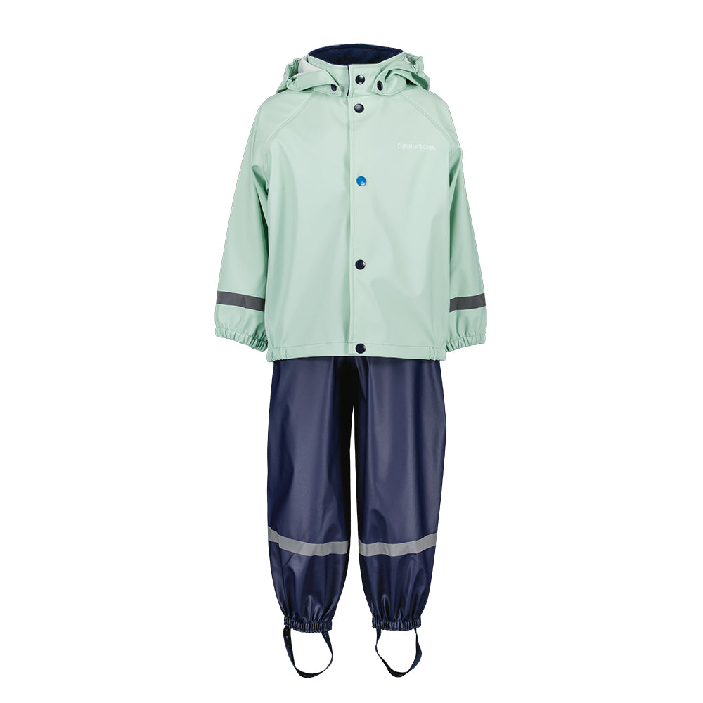 Didriksons Slaskeman Waterproof jacket and dungarees set with green jacket and navy blue dungarees (Pale Mint)