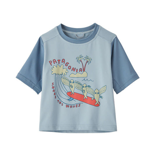 Patagonia Baby Capilene® Silkweight T-Shirt in a greyish blue colour with fun cartoon surfing motif