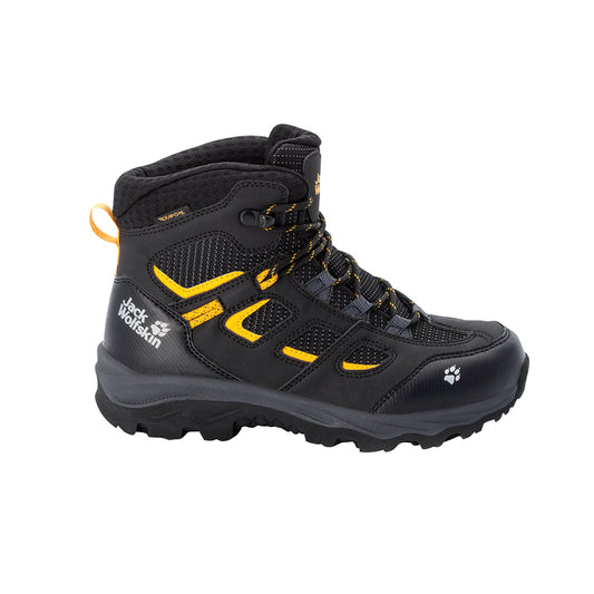 Jack Wolfskin Vojo Texapore Mid Kids Hiking Boots in black with yellow highlights