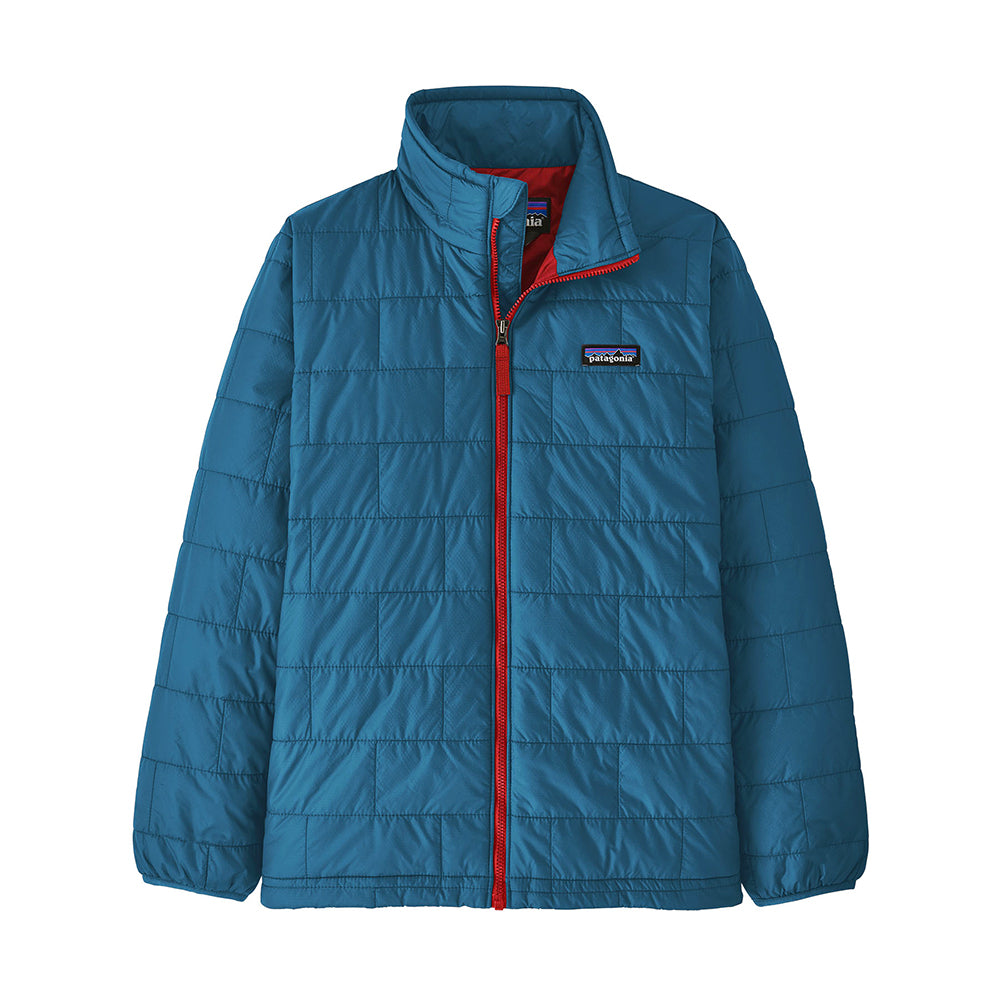 Patagonia Kids Nano Puff® Jacket in Wave Blue (Teal Blue) with red zipper and lining